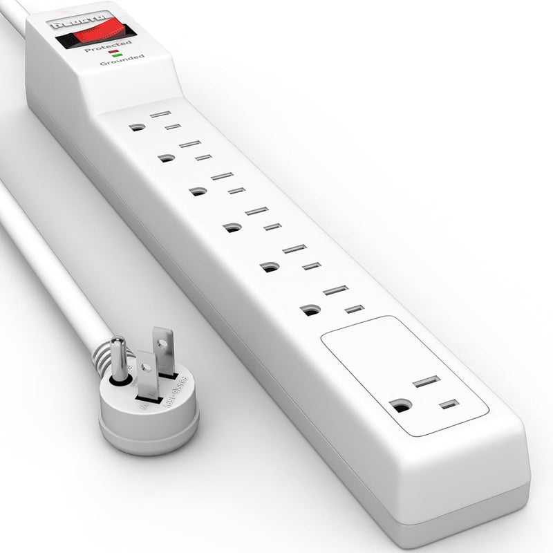 PLUGTUL Surge Protector 15FT (980 Joules), Flat Plug Power Strip, Extension Cord with Multiple Outlets, 7 Outlets, ETL Listed, 14 Gauge, Wall Mountable for Home Office Garage, White - Image 1